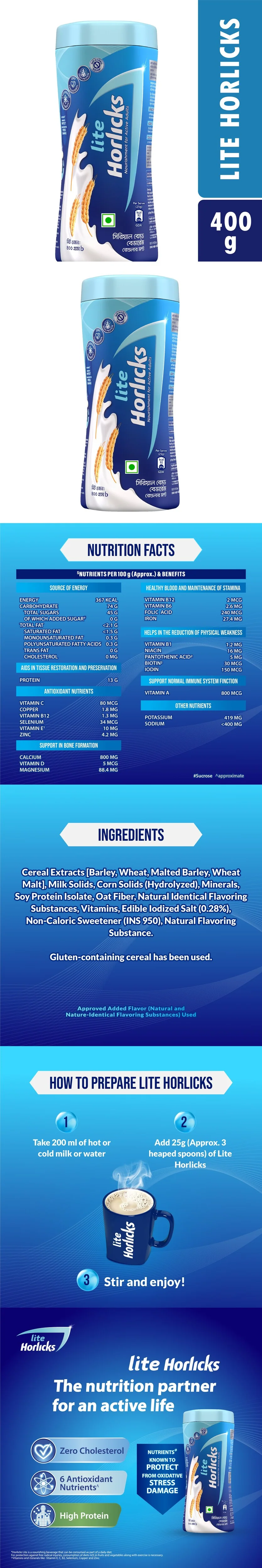 Horlicks Lite Health and Nutrition Drink Jar 400g (Powder Drink) - Image 7